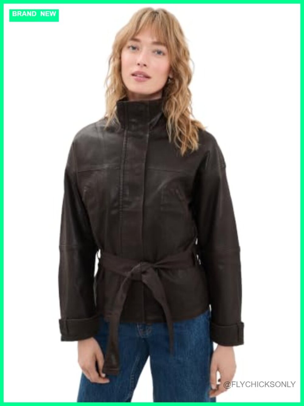Women's Coated Denim Jacket Funnel Neck Zip Pockets Casual